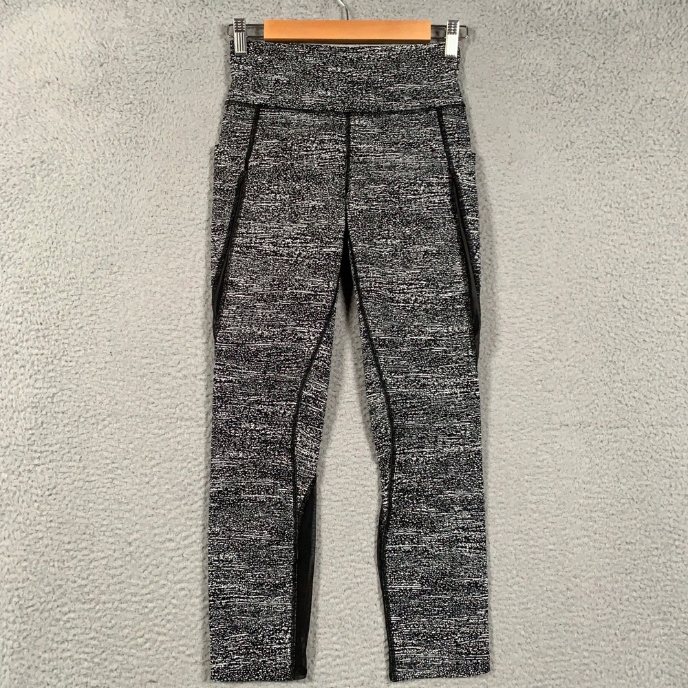 Lululemon‎ Pace Perfect 7/8 Leggings Womens 6 Black White Space Dye Mesh Pockets